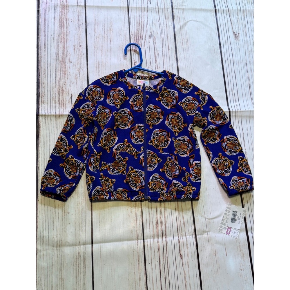 LuLaRoe Monroe Kids Blue Tiger Print Zip Up Jacket Size 8 NWT